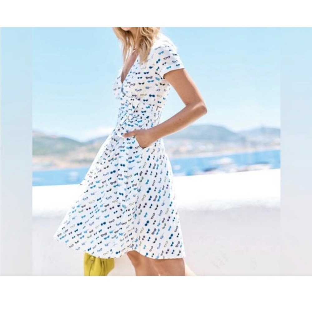 Boden Lara Cotton Wrap Dress Sunglasses Print Retro‎ Summer Womens 16L White